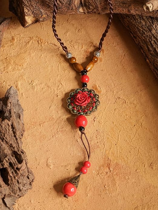 MINACHI Vintage Bohemian Colorful Ceramic Bead Antique Flower Y Necklace, Vintage Boho Hippie Statement Jewelry Gift for Women