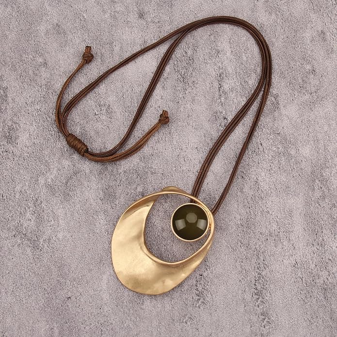 GelConnie Leather Necklace for Women Large Pendant Long Brown Necklace Circle Leather Choker Vintage Sweater Necklace Gold Chunky Boho Necklaces for Women