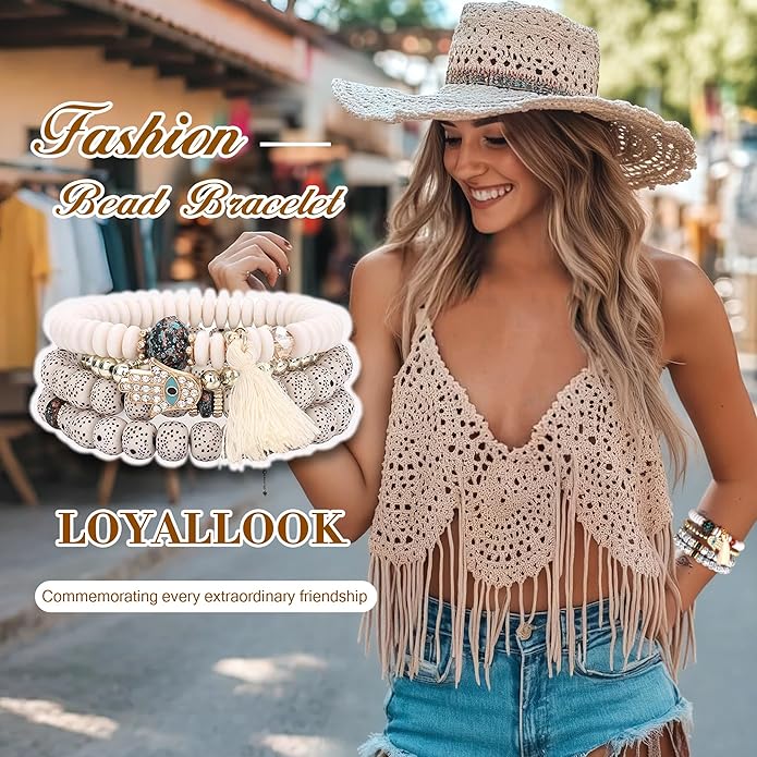 LOYALLOOK 8 Sets Bohemian Stackable Bead Bracelets for Women Stretch Multilayered Boho Stackable Bracelets Stack Beads Multicolor Beaded Strand Bangle Charm Bracelets Boho Tassel Bracelet Set Handmade