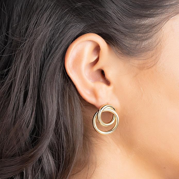 Barzel 18K Gold Plated Double Loop Dangling Earrings, High Polish Finish, Intertwined Design, Made in Brazil