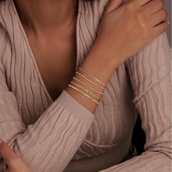 Gold Bracelets Set for Women Stack, Dainty Thick Bracelets Stack for Women Trendy, Simple Thin Gold Plated Cuff Stackable Bracelets With Beaded Cuban Paperclip Snake Rope Bangle Hand Chain Jewelry Gifts for Women Non Tainish