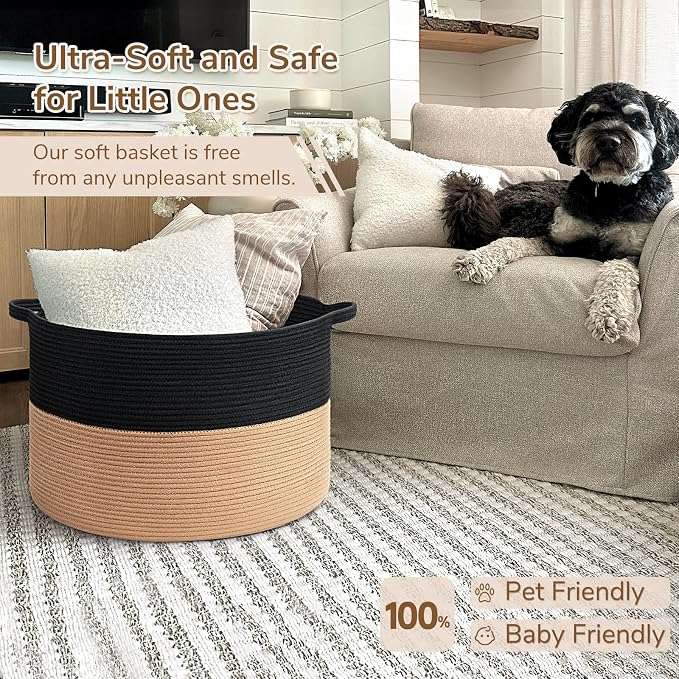 INDRESSME XXXLarge Woven Rope Blanket Basket Living Room Black Camel, 90L | - Image 6