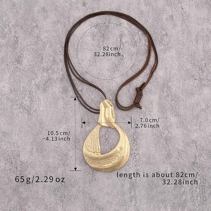 GelConnie Leather Necklace for Women Large Pendant Long Brown Necklace Circle Leather Choker Vintage Sweater Necklace Gold Chunky Boho Necklaces for Women