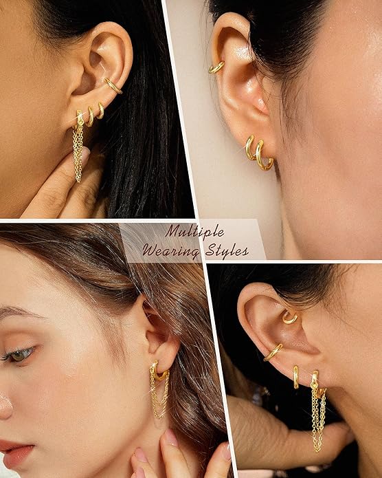 Tassel Chain Small Gold Hoop Dangle Earring For Women Huggie Earring Heart Star CZ 14K Gold Plated Fashion Jewelry Friendship Gift