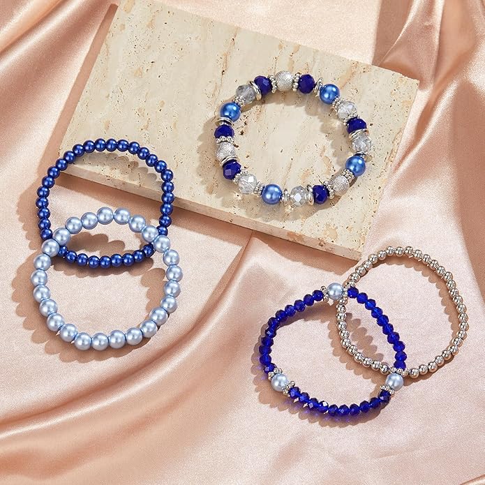 Noessla Beaded Pearl Stretch Bracelet Silver Stackable Crystal Beads Bracelets Trendy Costume Jewelry Mothers Day Gifts for Women