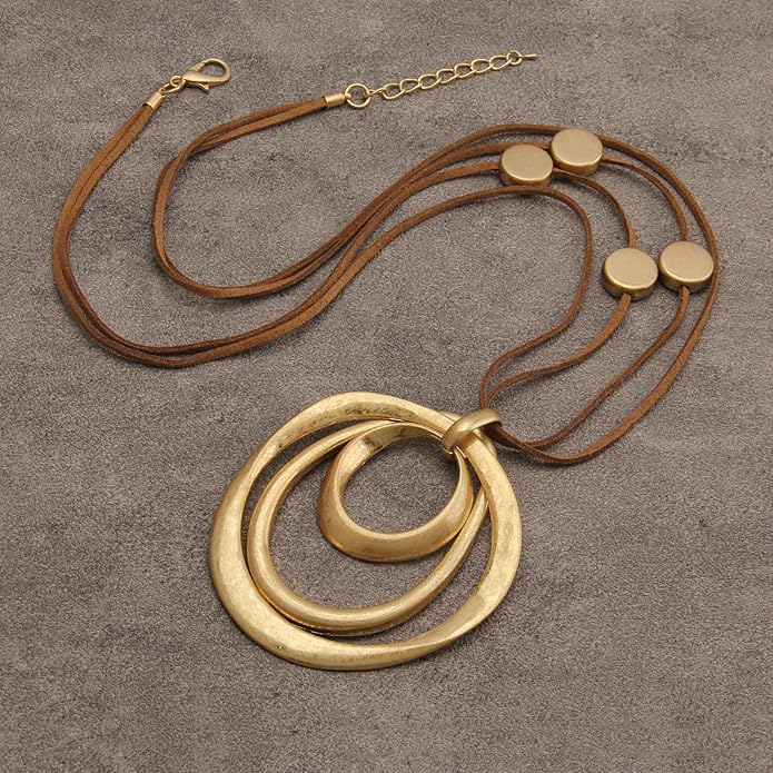 GelConnie Leather Necklace for Women Large Pendant Long Brown Necklace Circle Leather Choker Vintage Sweater Necklace Gold Chunky Boho Necklaces for Women