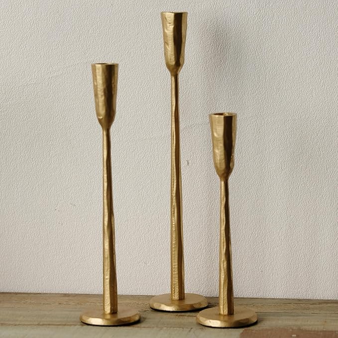 Gold Iron Taper Candle Holder Set of 3, Heavy Wrought Iron Candlestick Holders by Unknown