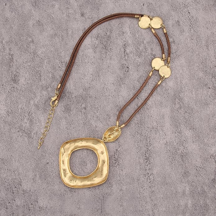 GelConnie Leather Necklace for Women Large Pendant Long Brown Necklace Circle Leather Choker Vintage Sweater Necklace Gold Chunky Boho Necklaces for Women