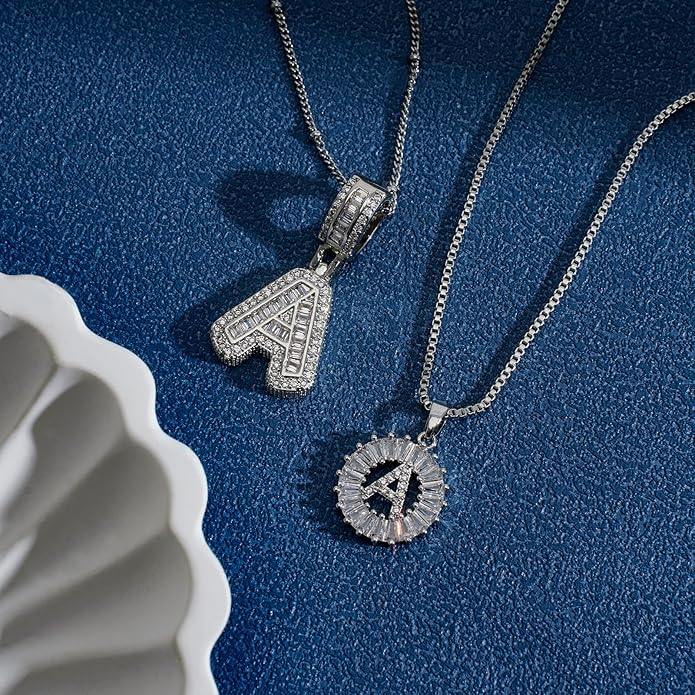 Initial Letter Necklace for Women 14k White Gold Silver Plated Dainty Necklaces Trendy Chunky Custom Layered Necklace Set Personalized Round Circle Zirconia A-Z Letter Chain Pendant Jewelry Gift