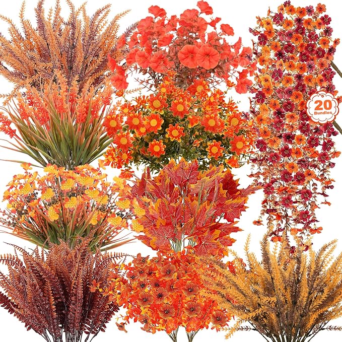 20 Bundle 10 Style Artificial Fall Flowers Plants by LELEE