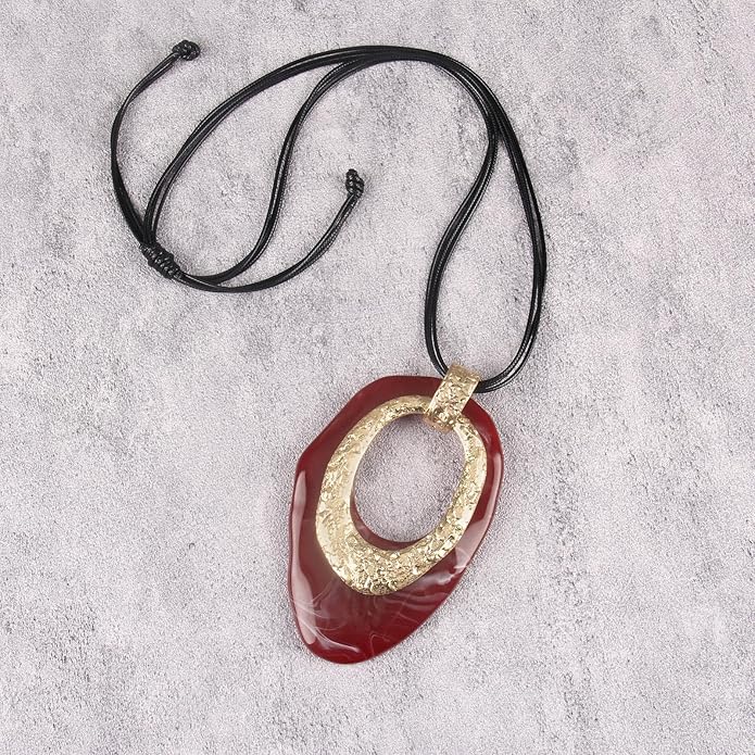 GelConnie Leather Necklace for Women Large Pendant Long Brown Necklace Circle Leather Choker Vintage Sweater Necklace Gold Chunky Boho Necklaces for Women