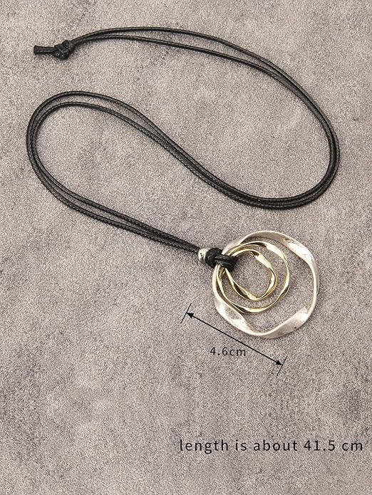 GelConnie Boho Necklaces for Women Vintage Silver Circles Long Pendant Necklace Cowgirl Sweater Necklace Adjustable Leather Choker Necklace for Women