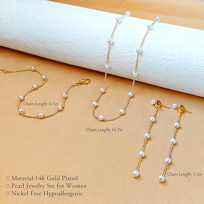 Gold Jewelry Set for Women - Dainty 14K Gold Plated Pearl Necklace and Earring Set with Drop Earrings, Bracelets, Choker Necklace - Wedding Jewelry Gift