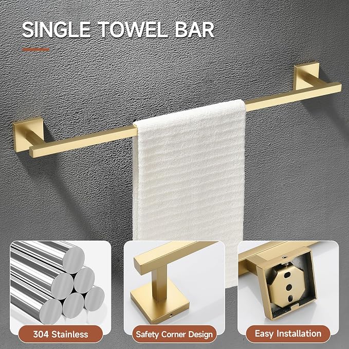 TQKAG Brushed Gold Bathroom Hardware Accessories Set 10 Pieces, 23.6" SUS304 - Image 2