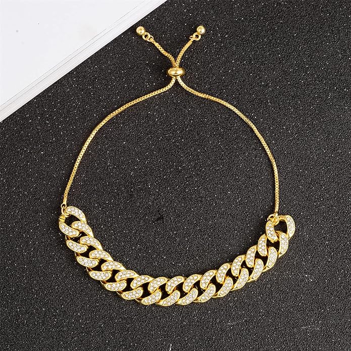 kelistom Cuban Link Rhinestone Filled Gold Box Chain Anklet for Women, Punk Hip-hop Ankle Bracelets, Length Adjustable