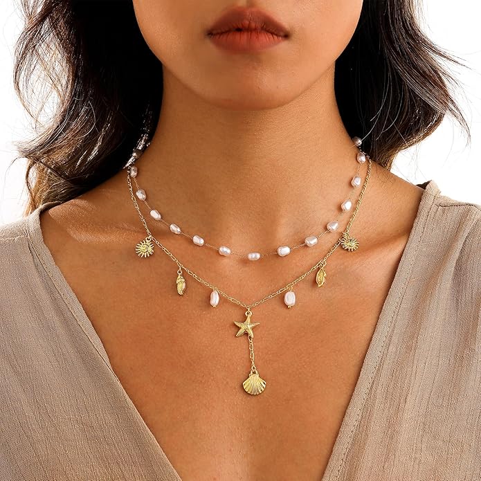 Shell Charm Necklace For Women Stack Seashell Pearl Dainty Starfish Beach Layered 14k Gold Plated Pendant Summer Boho Jewelry Gifts