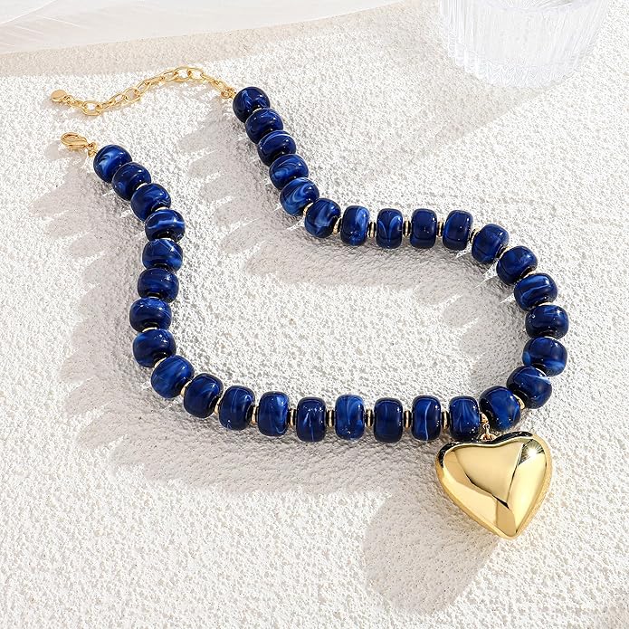 WOWORAMA Chunky Heart Necklaces for Women Colorful Resin Beaded Choker Necklace Gold Puffy Heart Statement Necklace Trendy Acrylic Choker Jewelry