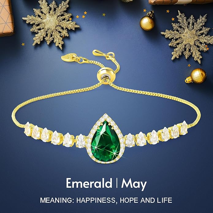 Linawe Crystal Imitation Diamond Rhinestone Charm Bracelets for Women, Gold/Silver/Rose Gold Adjustable Chain Bracelet, Teardrop Birthstone Cubic Zirconia Prom Costume Wedding Jewelry