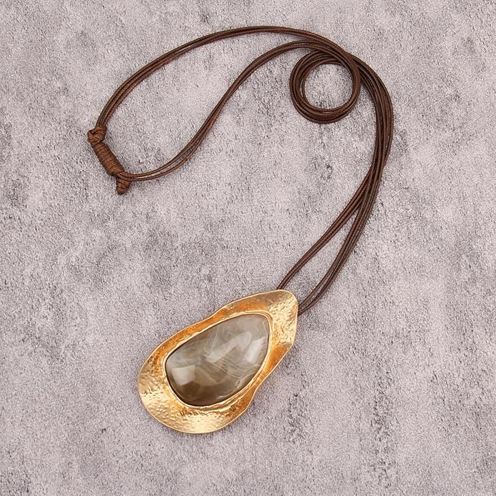 GelConnie Leather Necklace for Women Large Pendant Long Brown Necklace Circle Leather Choker Vintage Sweater Necklace Gold Chunky Boho Necklaces for Women