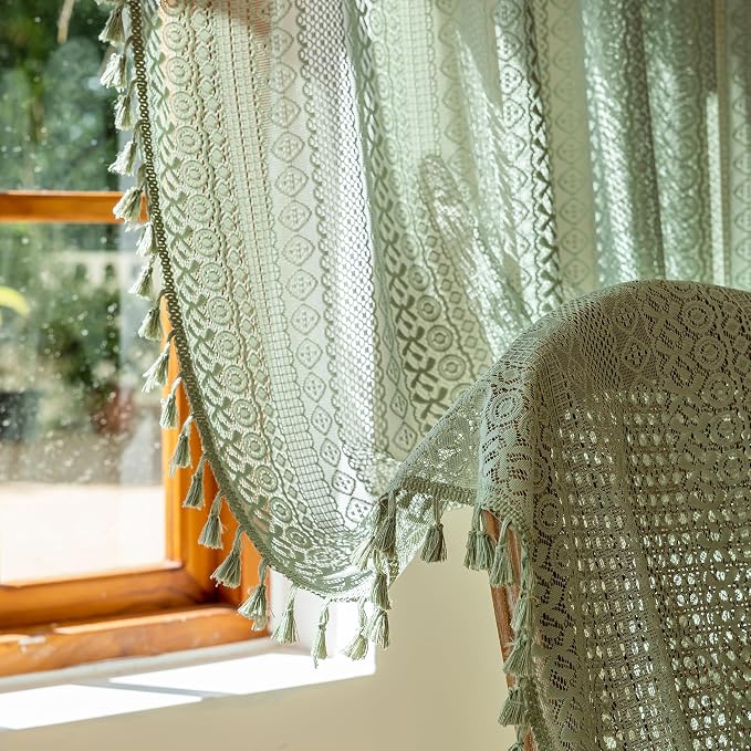 Sutuo Home Green Boho Lace Sheer Curtains 2 Panels - Image 9
