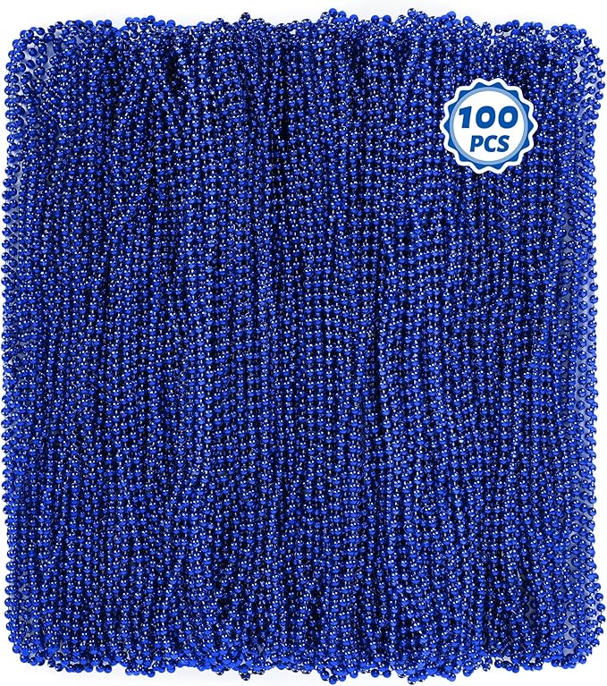 100 PCS Blue Mardi Gras Beads Necklaces, 33" Metallic Patriotic Carnival Beaded, 4th of July Costume Necklaces Bulk, Mardi Gras Accessories Set for Gender Reveal Parade Throws Party Decorations