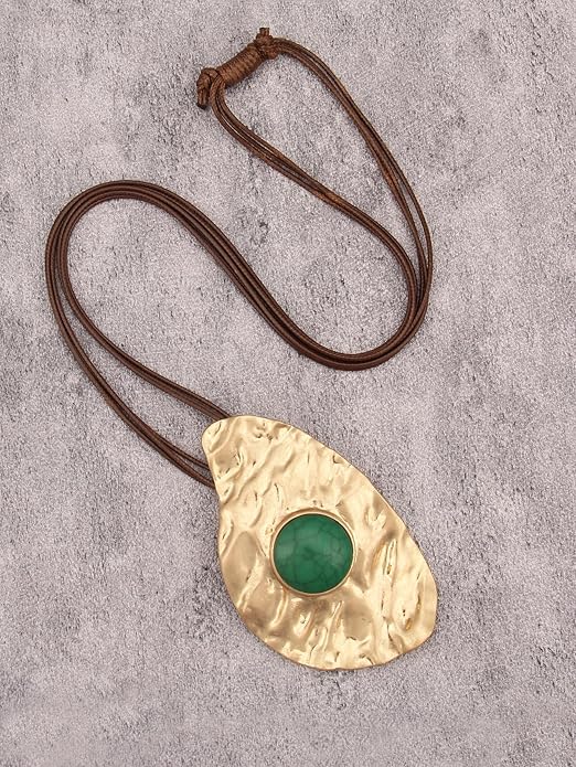GelConnie Leather Necklace for Women Large Pendant Long Brown Necklace Circle Leather Choker Vintage Sweater Necklace Gold Chunky Boho Necklaces for Women