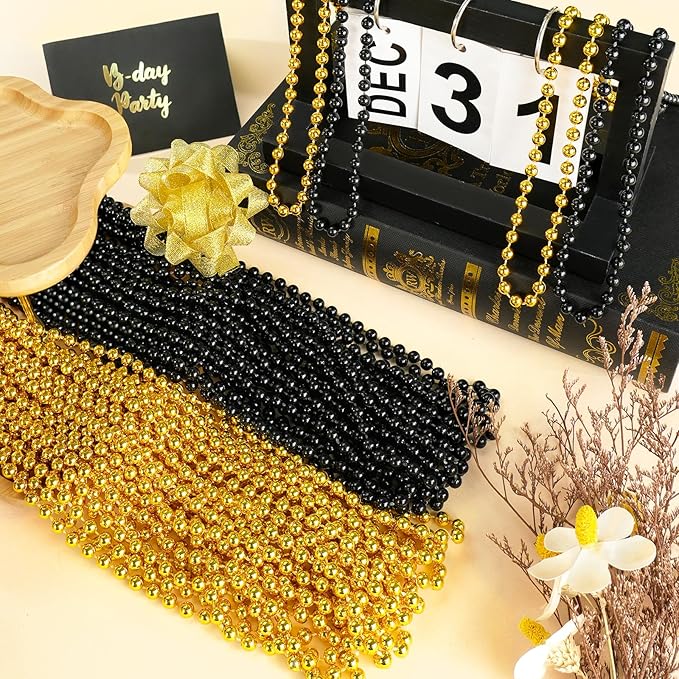 SHAOQINLIN 100 PCS Gold Black New Year Necklaces, 33'' Happy New Year Eve Necklaces Accessories, 2026 New Year Party Beads for New Year's Day, Halloween, Christmas, Carnival Party Favors