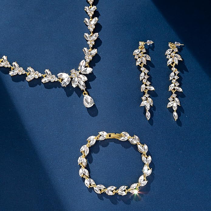Wedding Jewelry Sets for Bride Bridesmaid Bridal Jewelry Set for Women Wedding Crystal Necklace Earrings Bracelet Set for Party Prom Jewelry