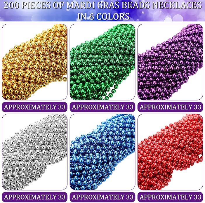 Yinkin 200 Pcs Mardi Gras Beads Necklaces Bulk 33 Inch 7 mm Colorful Assorted Round Mardi Gras Beaded Necklaces Throw Parade Accessories for Carnival Party Decorations Supplies