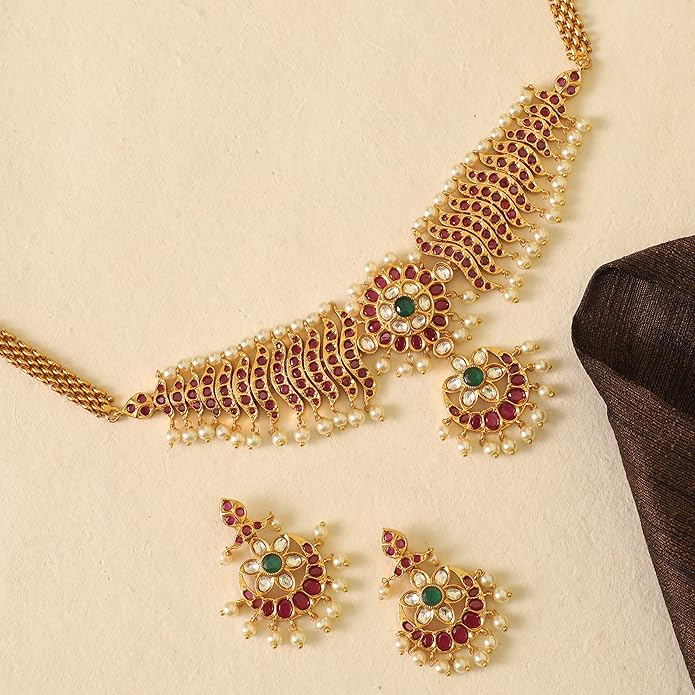 TARINIKA Brass Indian Choker Necklace Set - Gold Plated Cubic Zirconia Indian Jewelry Sets for Women Dangle, Drop, Jhumka Earrings Traditional Desi Necklace Pearls Gift for her