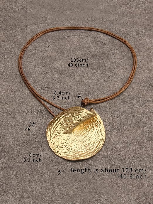 GelConnie Leather Necklace for Women Large Pendant Long Brown Necklace Circle Leather Choker Vintage Sweater Necklace Gold Chunky Boho Necklaces for Women