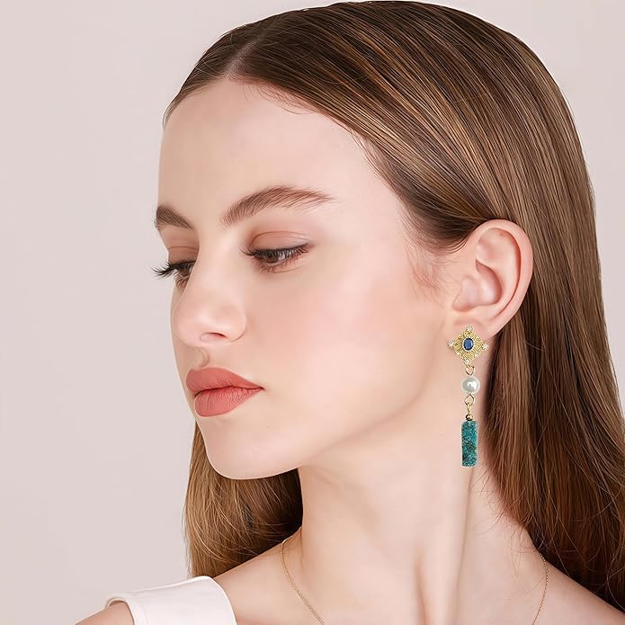 Hupplle Handmade Vintage Boho Dangle Earrings with Natural Stone Crystal Pearl Lightweight Hypoallergenic Elegant Jewelry Gifts for Women