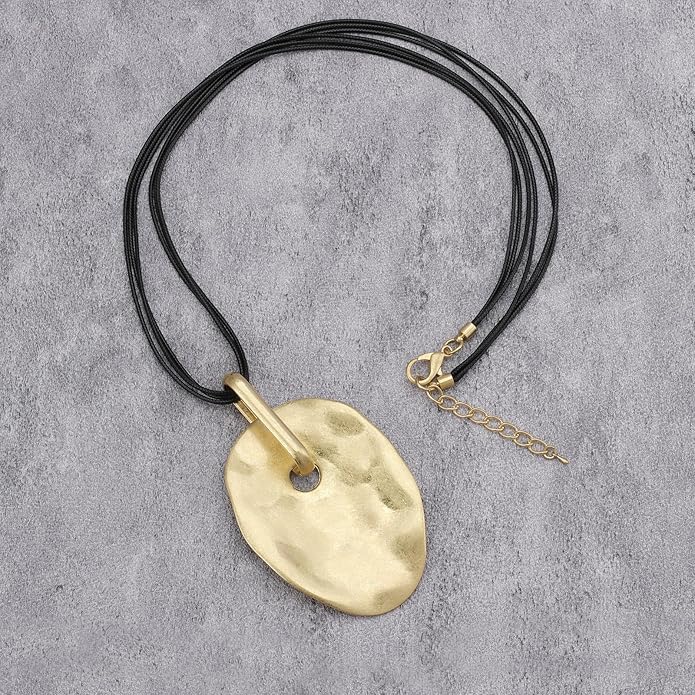 GelConnie Leather Necklace for Women Large Pendant Long Brown Necklace Circle Leather Choker Vintage Sweater Necklace Gold Chunky Boho Necklaces for Women