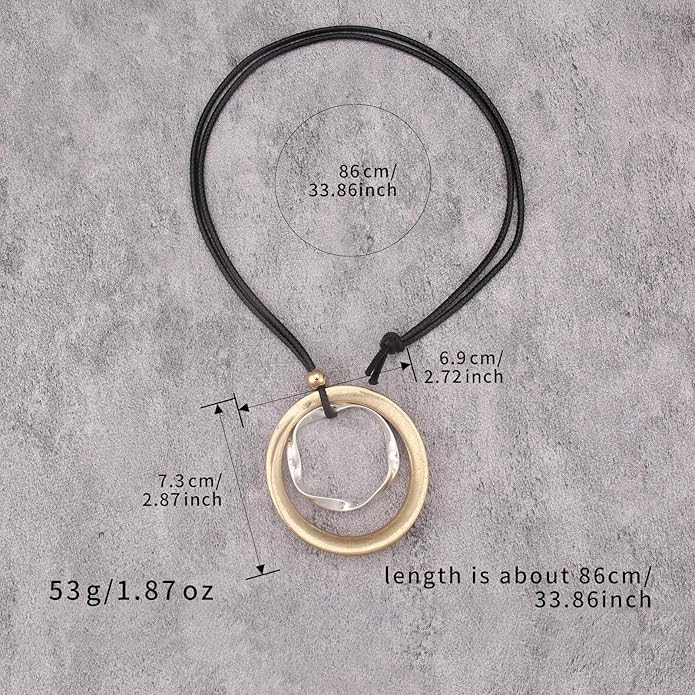 Boho Leather Necklace Women Bohemian Brown Circle Pendant Necklace Choker Long Necklaces for Women Boho Ring Large Pendant