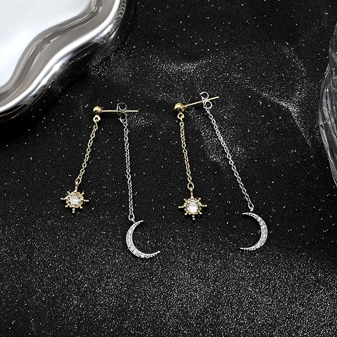 Moon and Star dangle Earrings for Women Chain Tassel with Cubic Zirconia Drop Celestial Jewelry for Wedding Gift