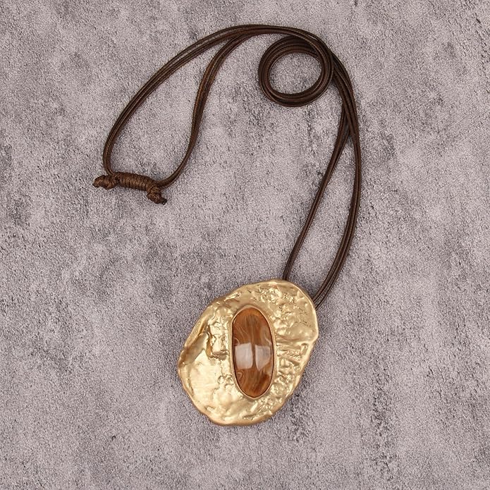 GelConnie Leather Necklace for Women Large Pendant Long Brown Necklace Circle Leather Choker Vintage Sweater Necklace Gold Chunky Boho Necklaces for Women
