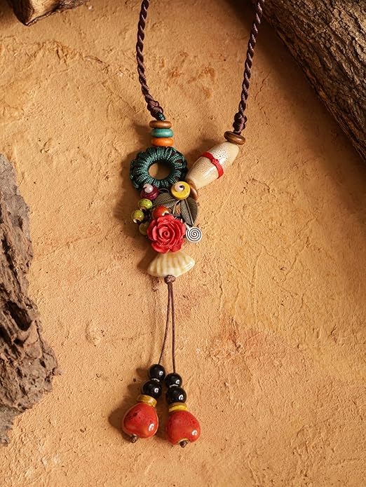MINACHI Boho Hippie Colorful Ceramic Beads Strand O Ring Circle Charm Long Y Necklace, Vintage Bohemian Statement Jewelry Gift for Women
