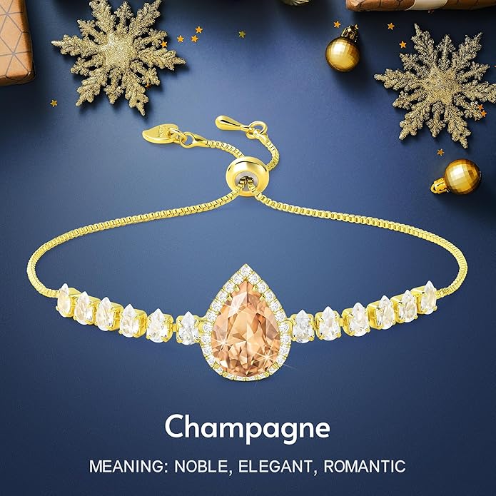 Linawe Crystal Imitation Diamond Rhinestone Charm Bracelets for Women, Gold/Silver/Rose Gold Adjustable Chain Bracelet, Teardrop Birthstone Cubic Zirconia Prom Costume Wedding Jewelry
