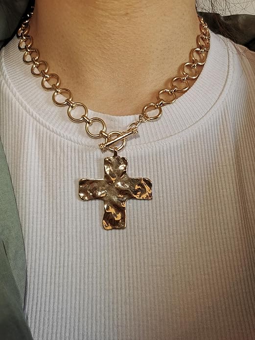 MQV Chunky Statement Gold Hammered Bold Cross Necklace Thick Chain Vintage Chain Pendant Jewelry