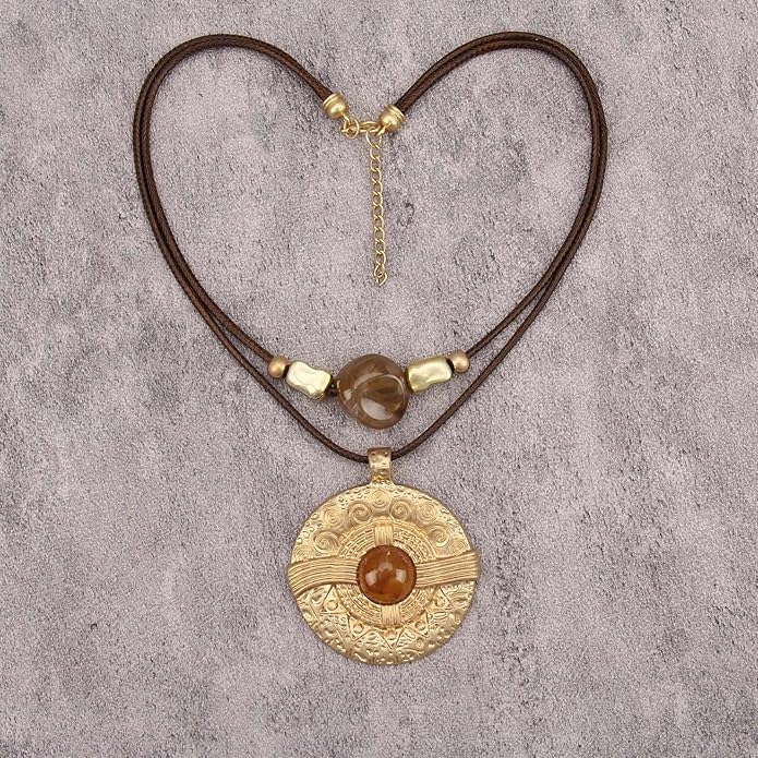 Boho Necklaces for Women Chunky Circle Necklace Layered Boho Circle Leather Choker Necklace Long Vintage Necklaces Bohemian Jewlery Gifts