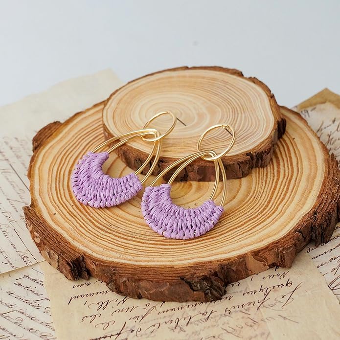 Raffia Hoop Earrings for Women Fun Boho Summer Beach Earrings Lightweight Handmade Straw Wicker Rattan Dangle Earrings Statement Geometric Round Drop Earrings