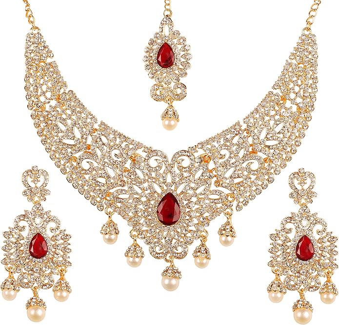 Touchstone Indian jewelry sets for women tikka wedding necklace costume guest statement bollywood rhinestones crystal faux pearls gold big royal neck piece set bridal fashion accessories