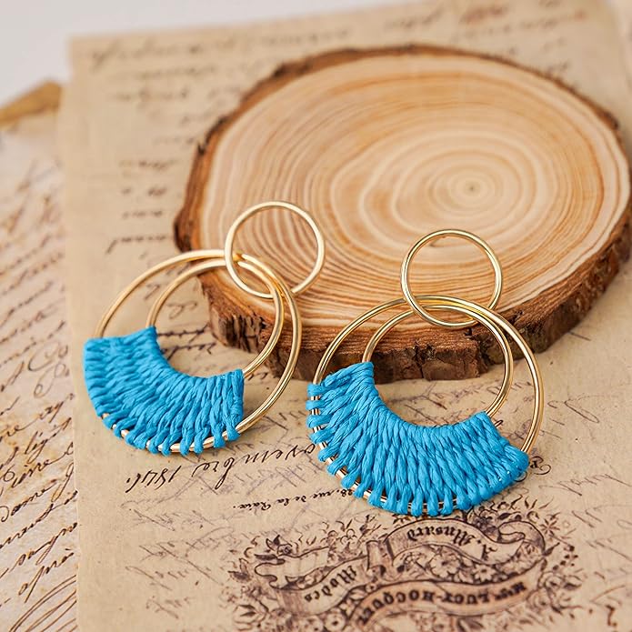 Raffia Hoop Earrings for Women Fun Boho Summer Beach Earrings Lightweight Handmade Straw Wicker Rattan Dangle Earrings Statement Geometric Round Drop Earrings