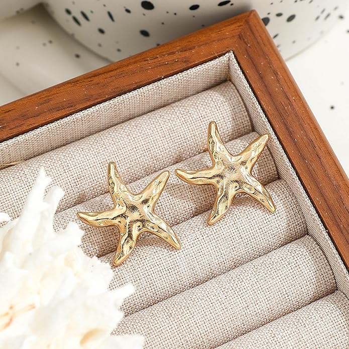 Gold Starfish Earrings for Women Trendy Dainty Starfish Statement Stud Earrings Hypoallergenic Summer Beach Ocean Coastal Jewelry