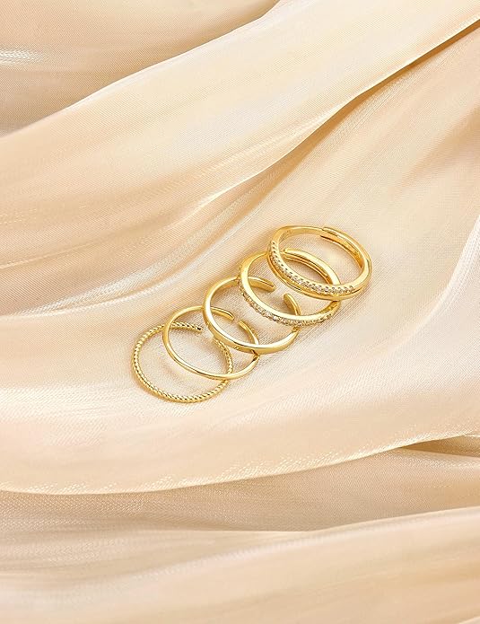 Jstyle Gold Stackable Rings for Women Non Tarnish Open Adjustable Rings Cubic Zirconia Thin Thumb Silver Ring Set 14K Gold Filled Pinky Knuckle Stacking Set - Dainty Statement Promise Band Ring Sets