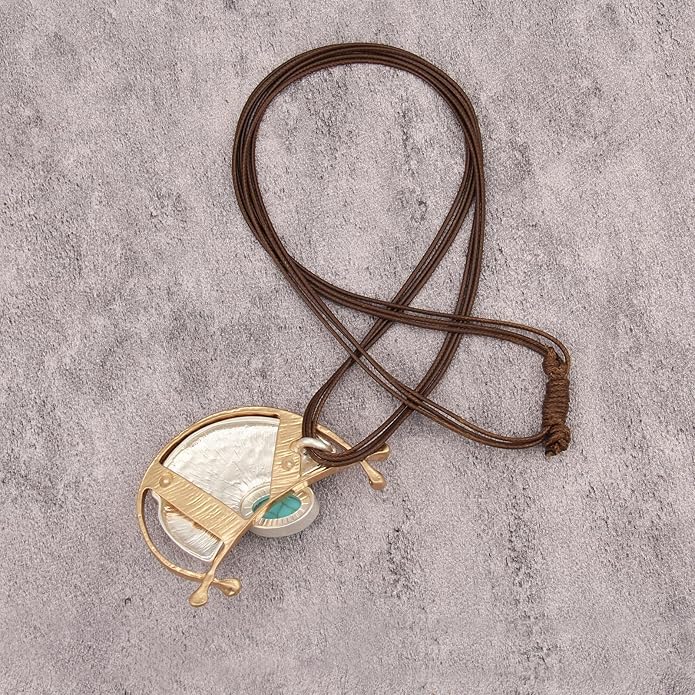 GelConnie Leather Necklace for Women Large Pendant Long Brown Necklace Circle Leather Choker Vintage Sweater Necklace Gold Chunky Boho Necklaces for Women