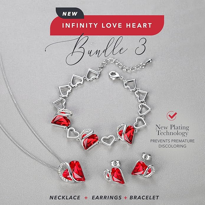 Leafael Valentine's Day Gift Necklaces for Women, Infinity Love Birthstone Heart Crystal Pendant, Birthday Anniversary Jewelry for Wife, Mom, and Her, Silver Plated, 18" + 2" Adjustable Chain
