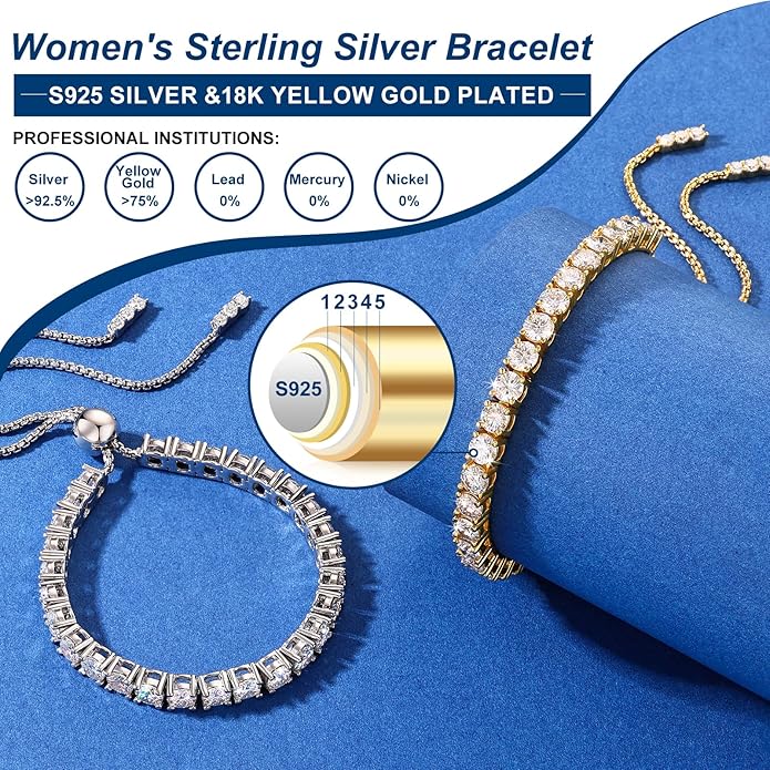 Moissanite Tennis Bracelet 1.79ct-8.69ct Adjustable Bracelet for Women 18K White Gold Plated S925 Sterling Silver Tennis Bracelet D Color VVS1 Round Cut 2/3/4mm Moissanite Bracelet Gifts for Wife/Mom