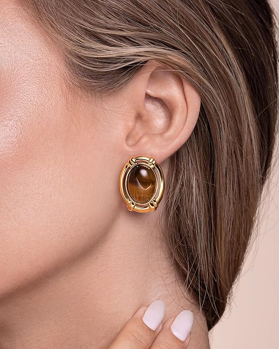 Large Oval Button Chunky 18K gold plated Tiger Eye Gemstone Statement Earrings for Women by SNGIA, Big Brown Amber Bold Handmade Exaggerated Dome Retro Rounded Button Half Ball Trendy Bohemian Jewelry Gifts, Unique Baroque Stone Summer Beach Fashion Ea...