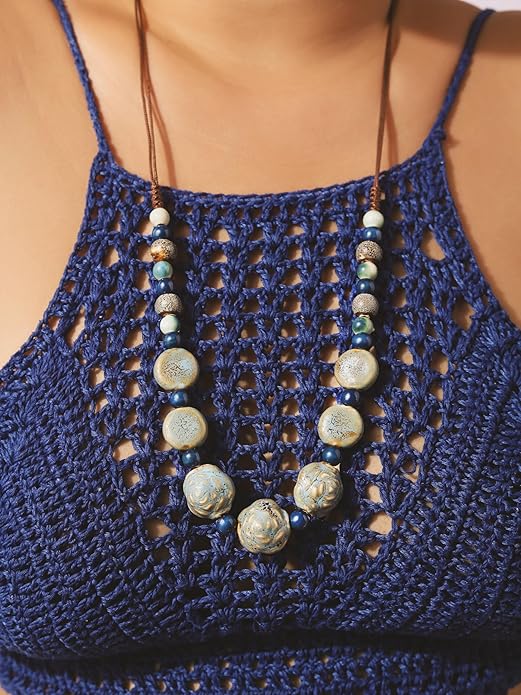 MINACHI Boho Hippie Round Ceramic Beads Strand Necklace, Vintage Bohemian Summer Beach Jewelry Gift for Women